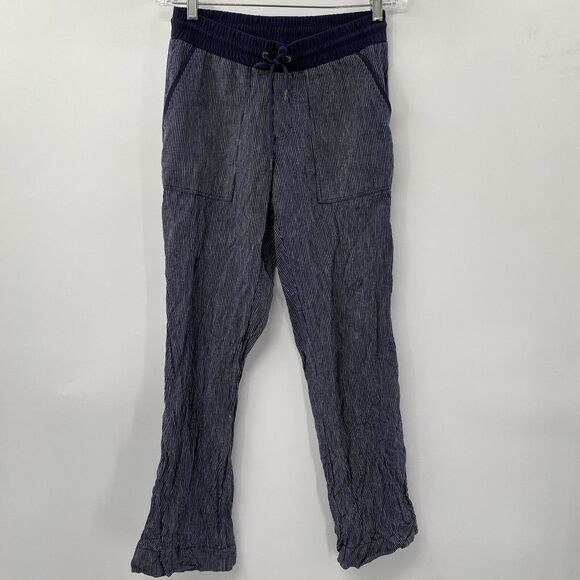 Athleta Women's 6 Navy Striped Drawstring Cabo Linen Straight Leg Pull On Pants - Picture 2 of 5